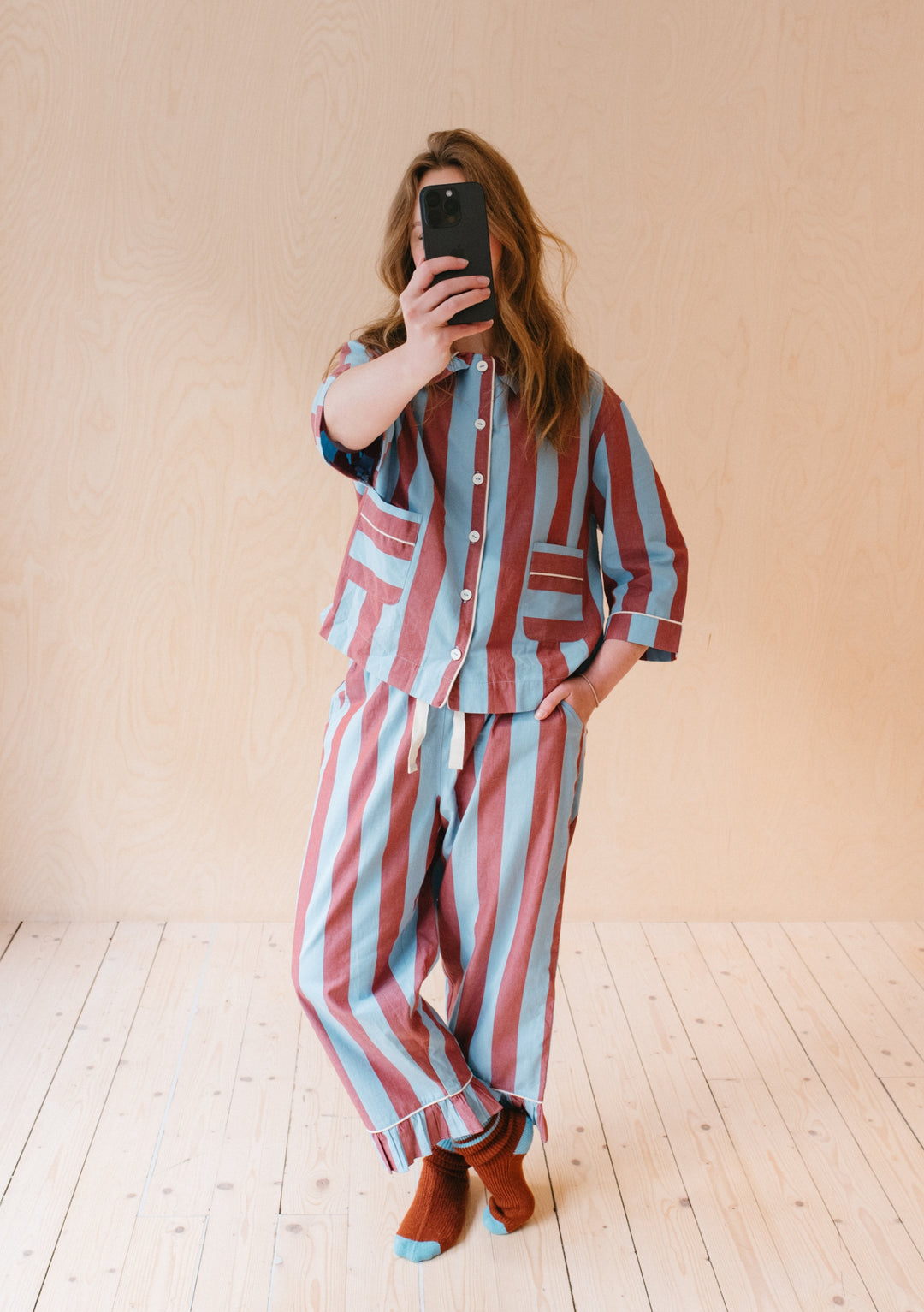 TBCo Cotton Pyjamas in classic blue and burgundy stripes with ruffle collar, button-down design and cropped sleeves