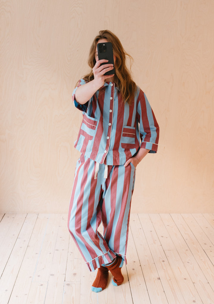 TBCo Cotton Pyjamas in classic blue and burgundy stripes with ruffle collar, button-down design and cropped sleeves