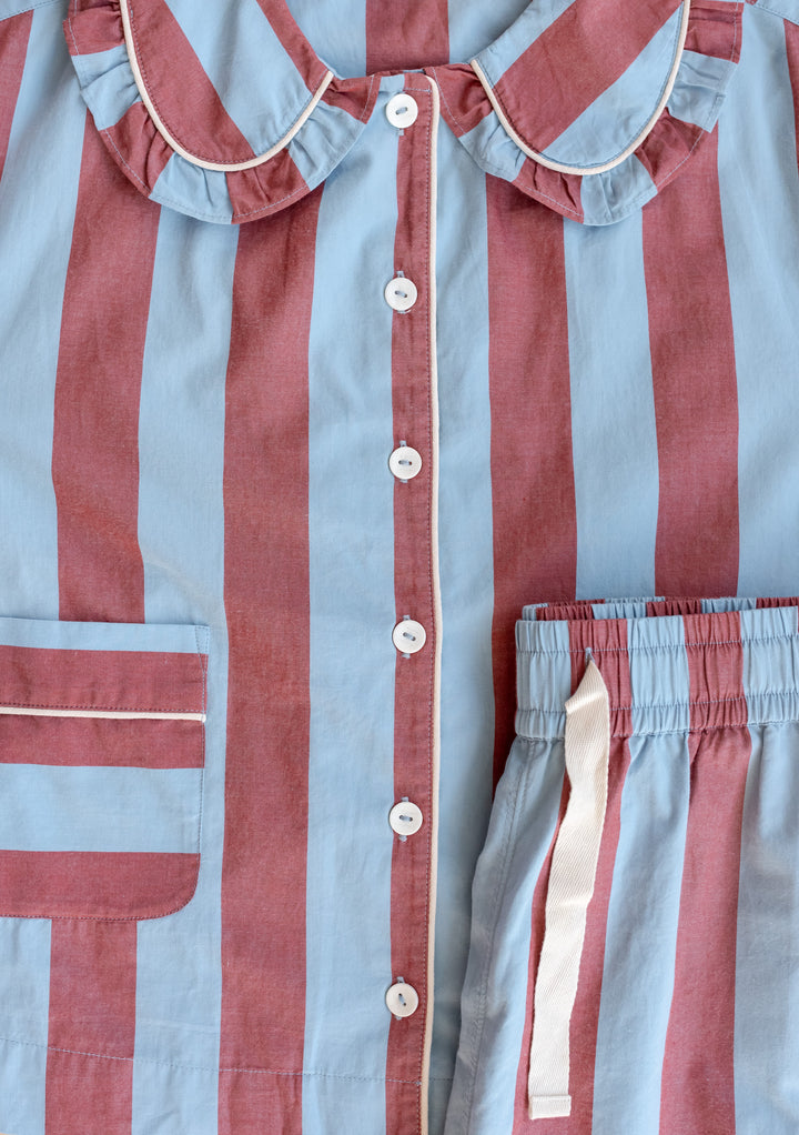 TBCo Cotton Pyjamas in blue and burgundy stripes with ruffled collar, button-front design and elasticated waist