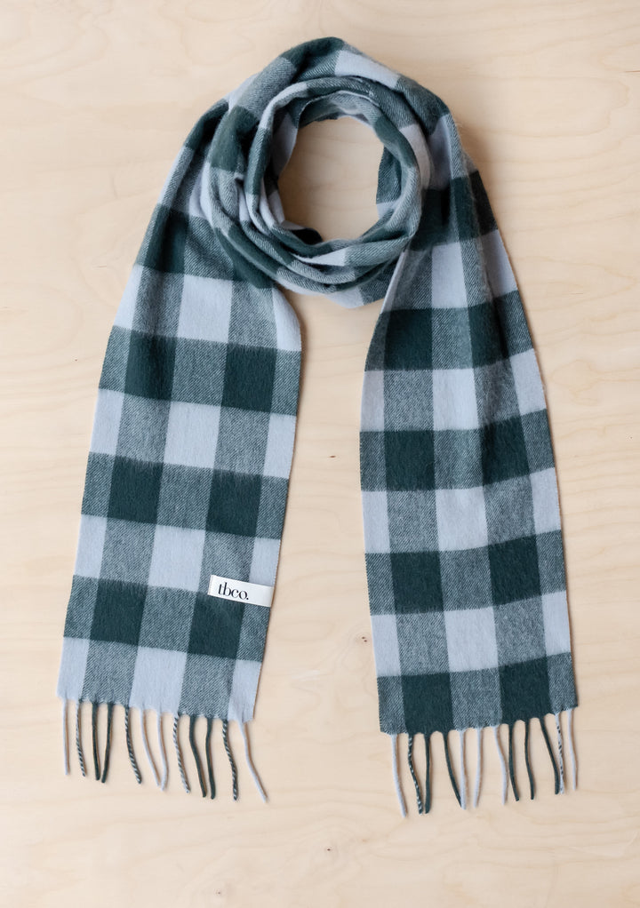 Lambswool Skinny Scarf in Forest Gingham by TBCo featuring soft lambswool in classic green and pale blue check