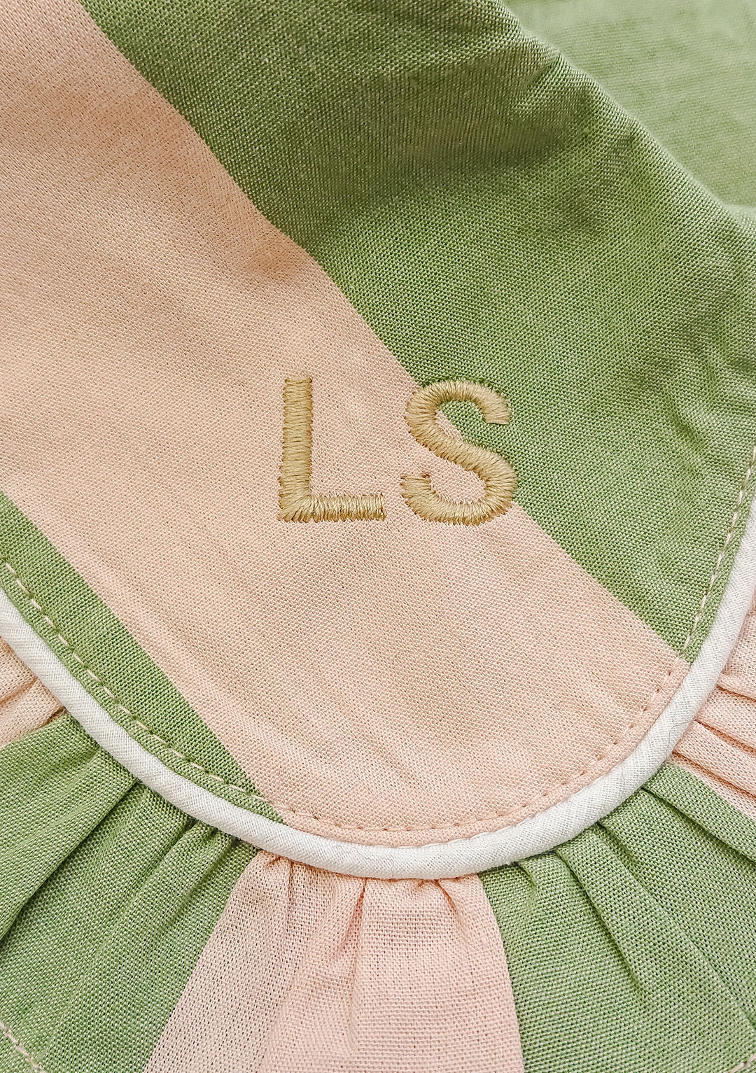 Personalized TBCo Cotton Pyjamas in Blue & Red Stripe with embroidered initials on pink and green fabric detail
