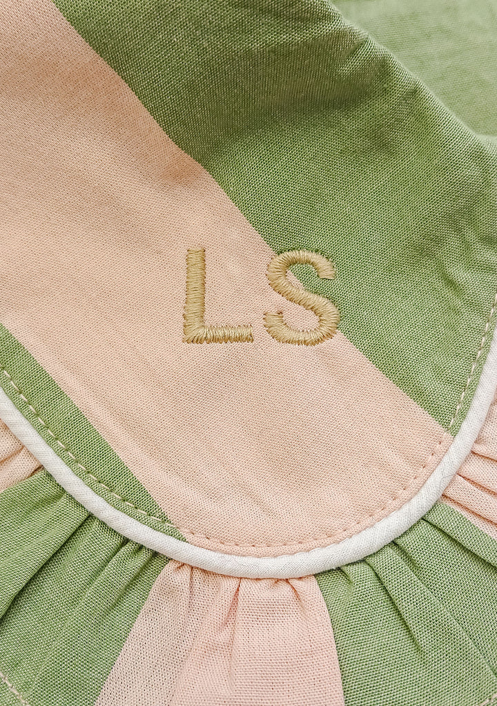 Personalized TBCo Cotton Pyjamas in Blue & Red Stripe with embroidered initials on pink and green fabric detail