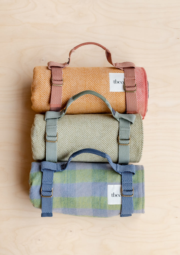 3 TBCo picnic blankets rolled up in recycled plastic picnic carriers.