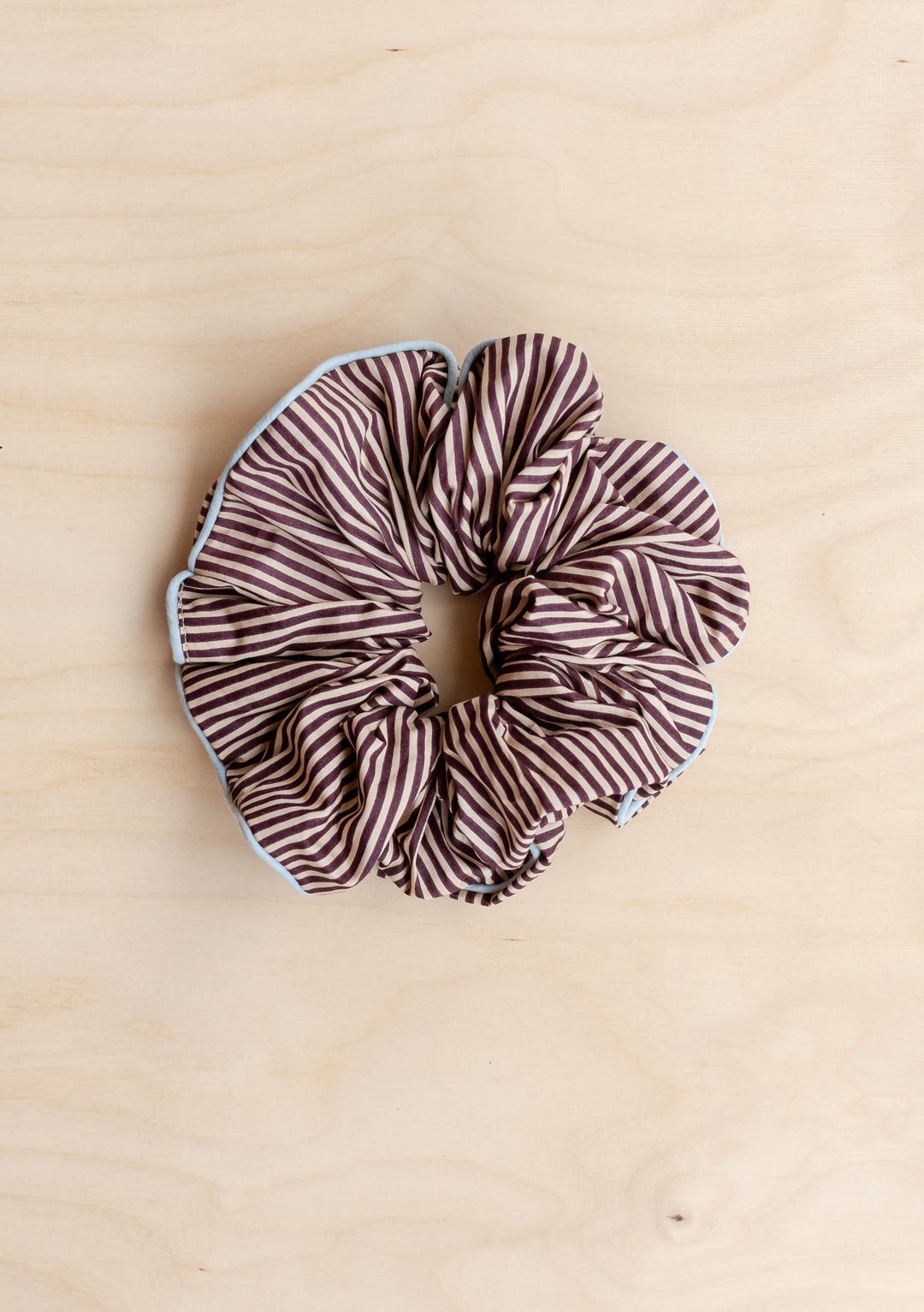 Cotton Oversized Scrunchie in Camel Stripe by TBCo, featuring soft brown and camel striped cotton fabric