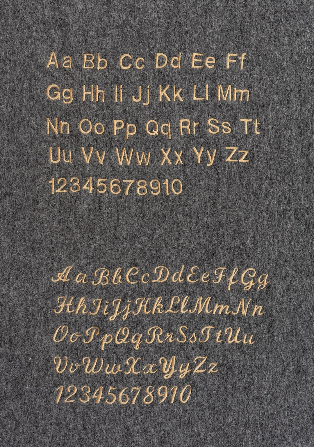 Embroidery font options for TBCo Large Merino Wool Triangle Scarf in Charcoal & Burgundy on soft wool fabric