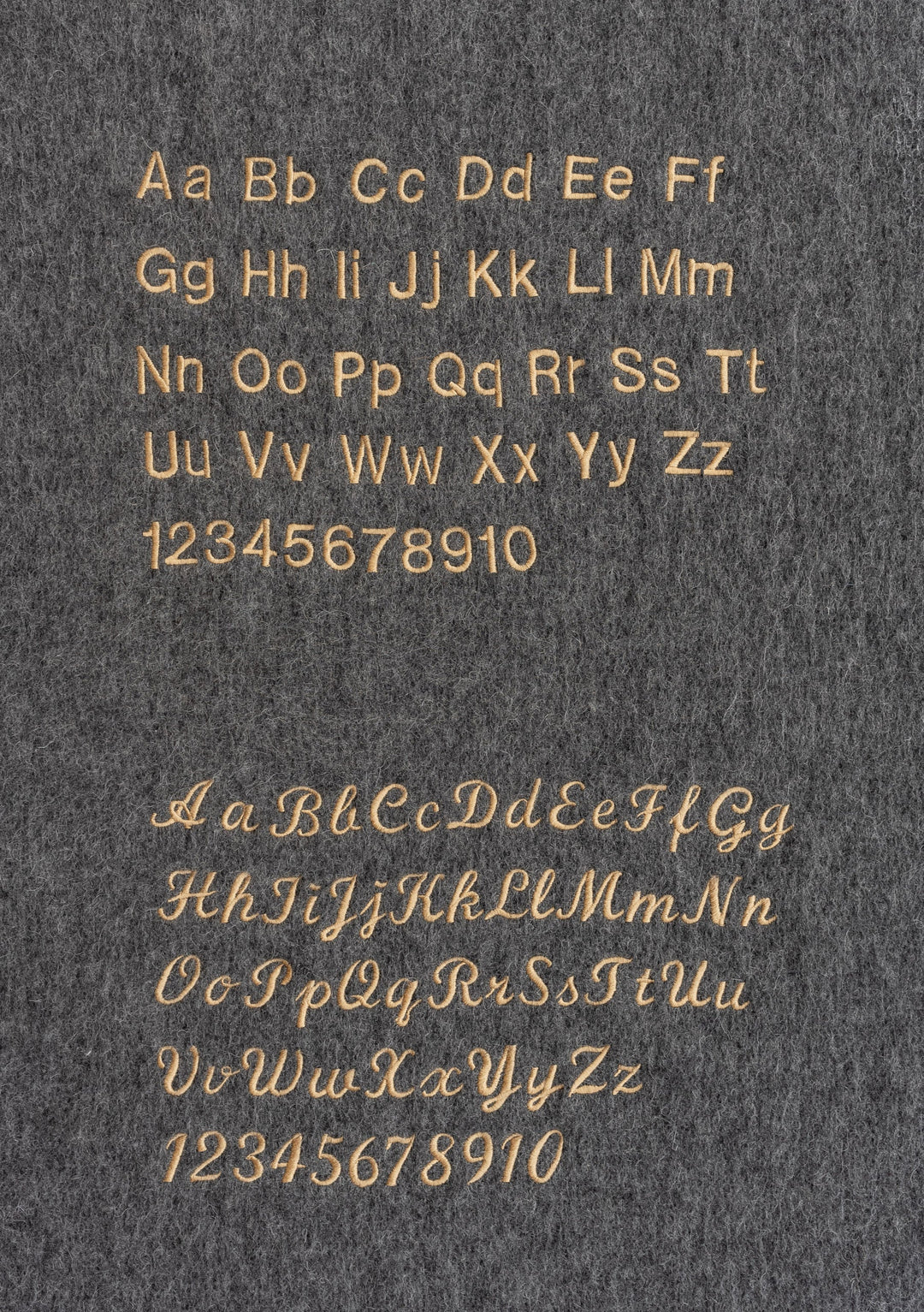 Lambswool Skinny Scarf in Forest Gingham by TBCo featuring embroidered alphabet and numbers on grey fabric