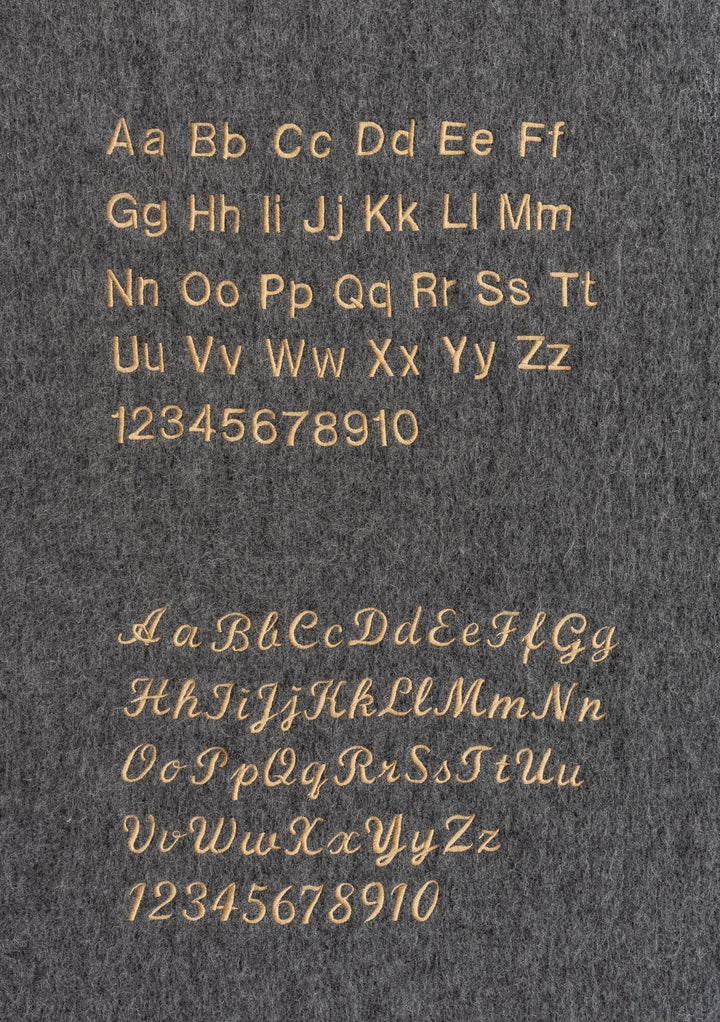 Lambswool Skinny Scarf in Forest Gingham by TBCo featuring embroidered alphabet and numbers on grey fabric