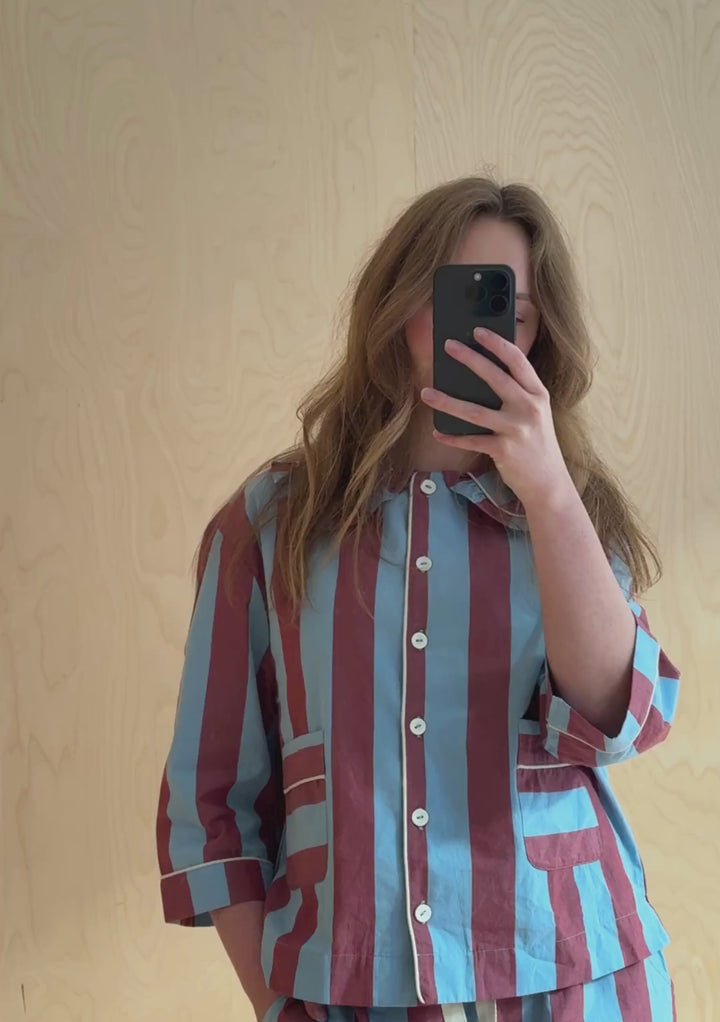 Cropped Cotton Pyjamas in Blue & Red Stripe