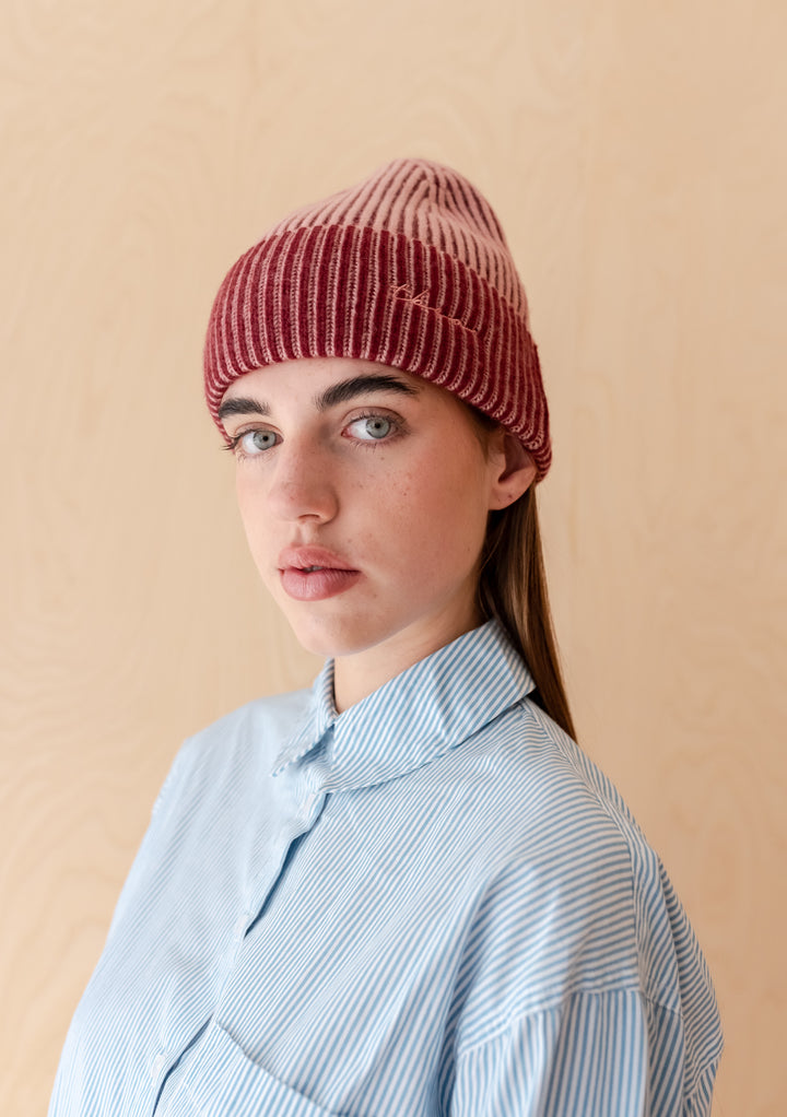 Cashmere & Merino Two-Tone Beanie in Pink