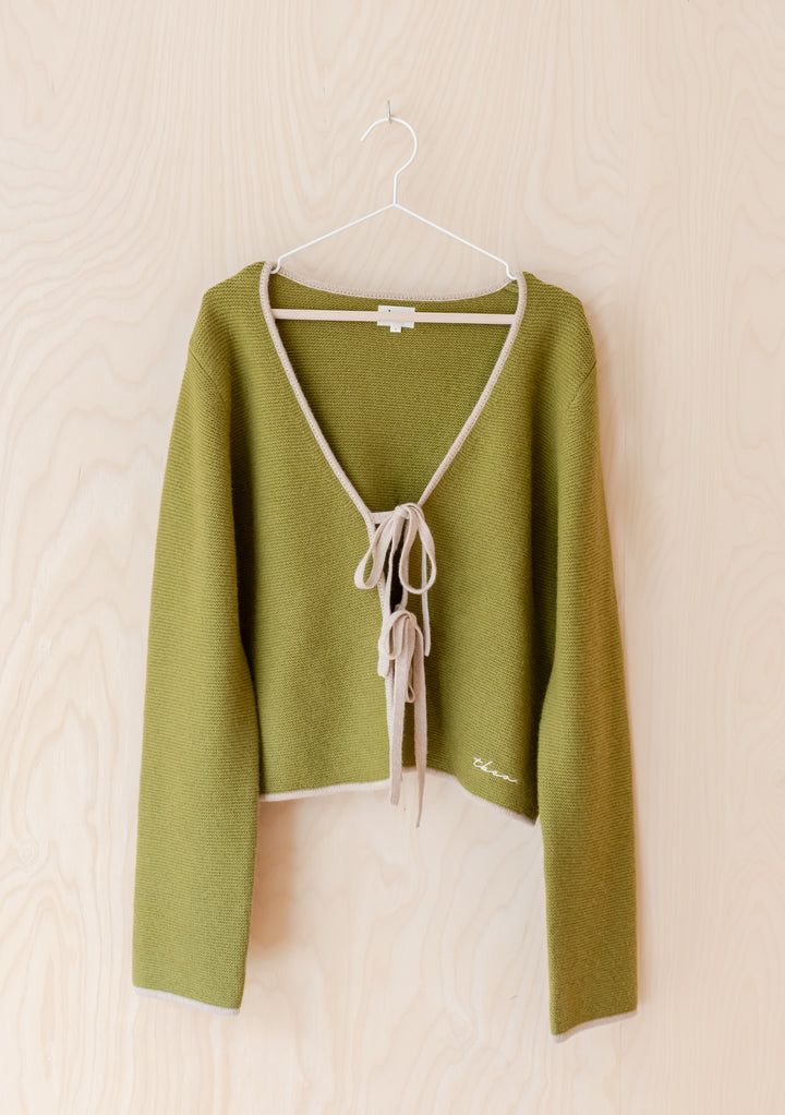 Merino Wool Tie Cardigan in Green