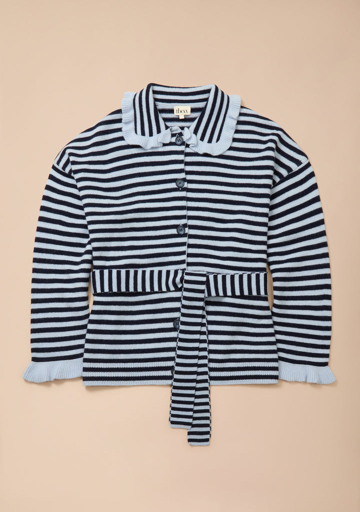 TBCo x Liu Merino-Cardigan mit Rüschen in Blau gestreift