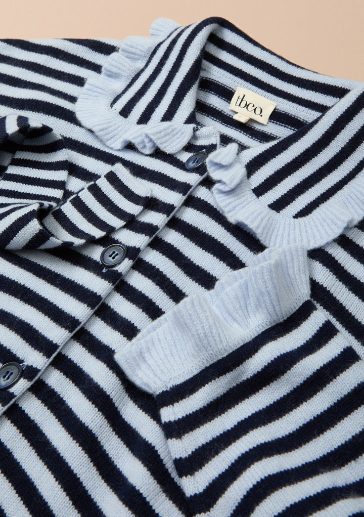 TBCo x Liu Merino-Cardigan mit Rüschen in Blau gestreift