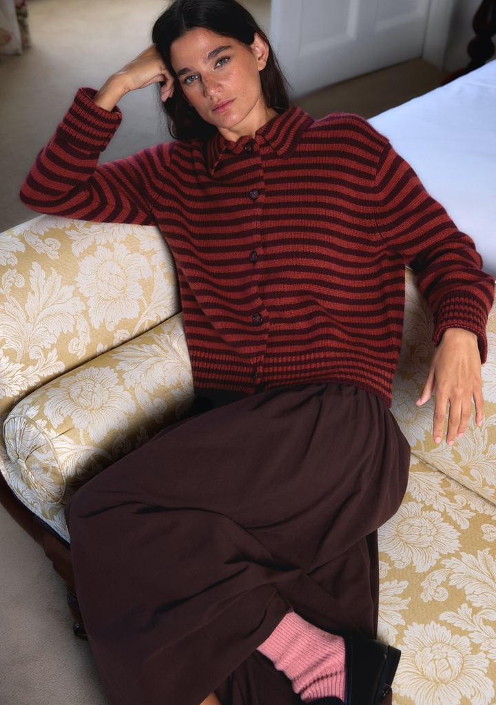 Merino Wool Chore Cardigan in Berry Stripe
