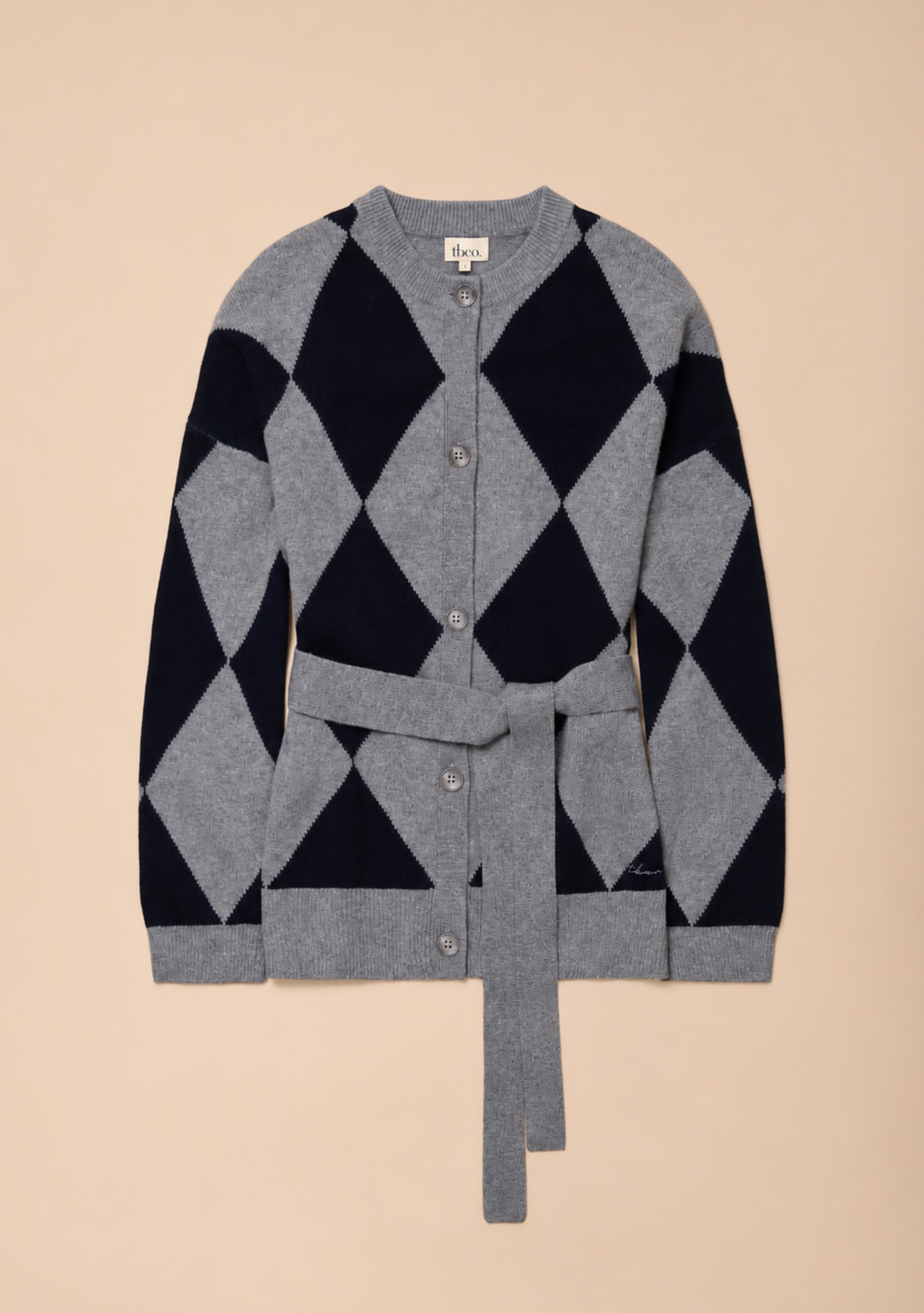 Merino Wool Belted Cardigan in Grey Argyle