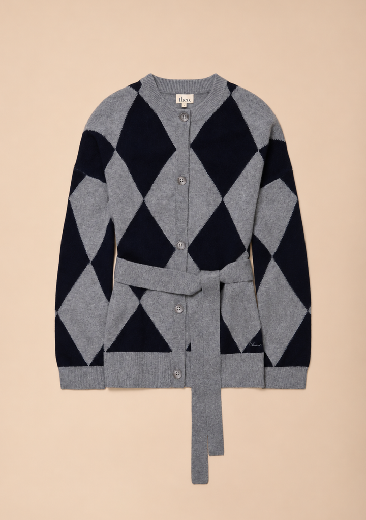 Merino Wool Belted Cardigan in Grey Argyle