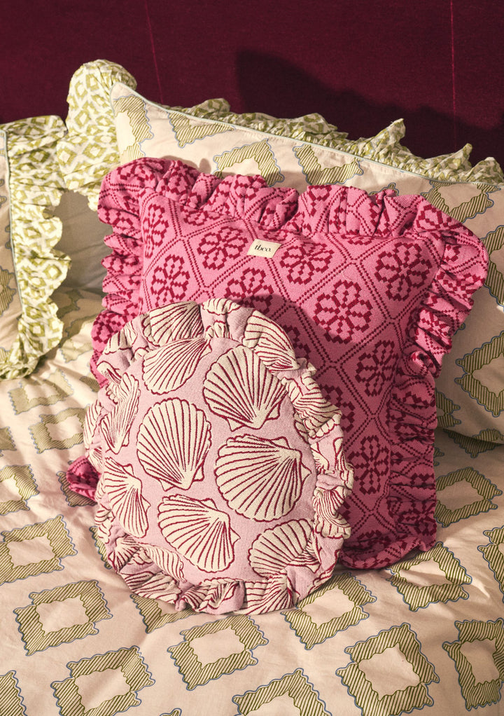 Cotton Cushion Cover in Pink Floral by TBCo with ruffled trim and detailed floral print in soft pink and burgundy tones