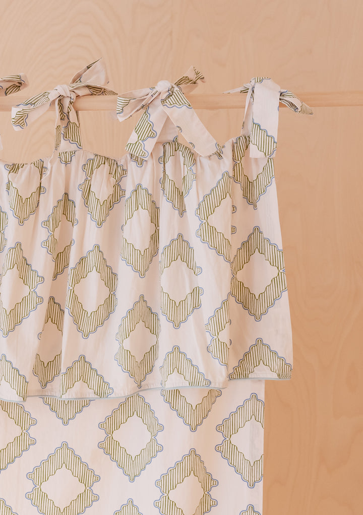 Pair of Cotton Tie-Top Curtains in Green Diamond by TBCo, featuring soft cotton fabric and subtle green diamond print details