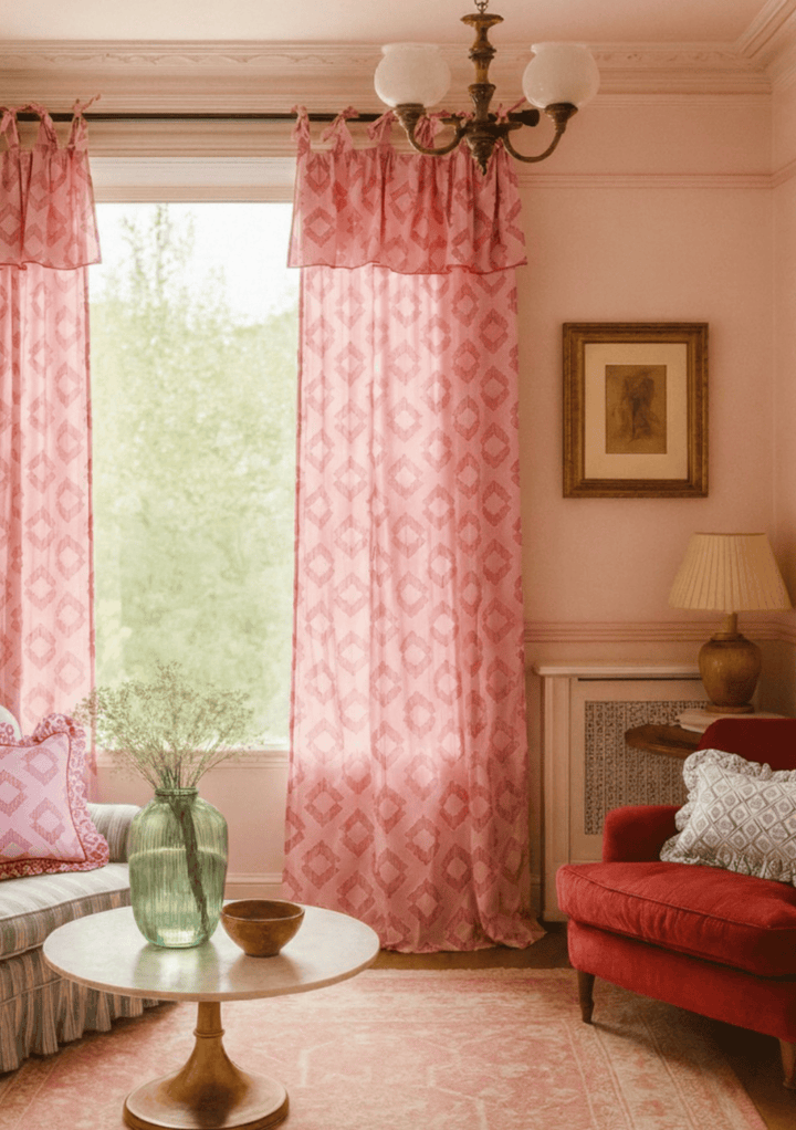 Pair of Cotton Tie-Top Curtains in Pink Diamond