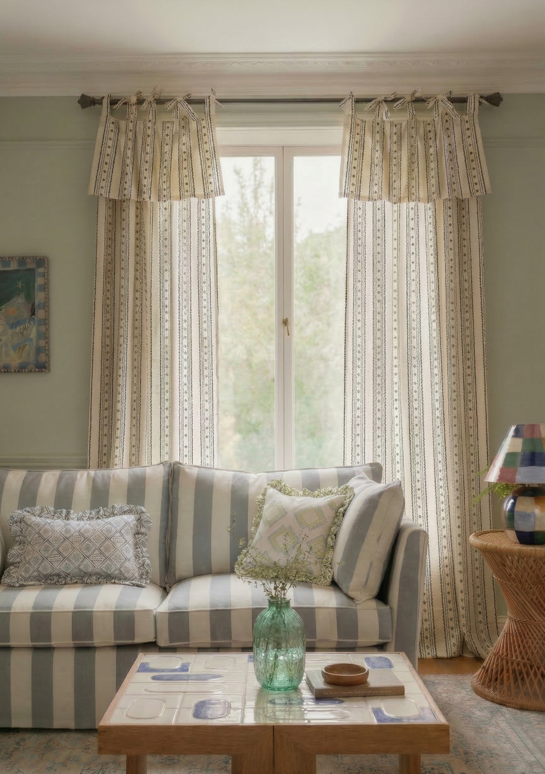 Pair of Cotton Tie-Top Curtains in Navy Ditsy Floral