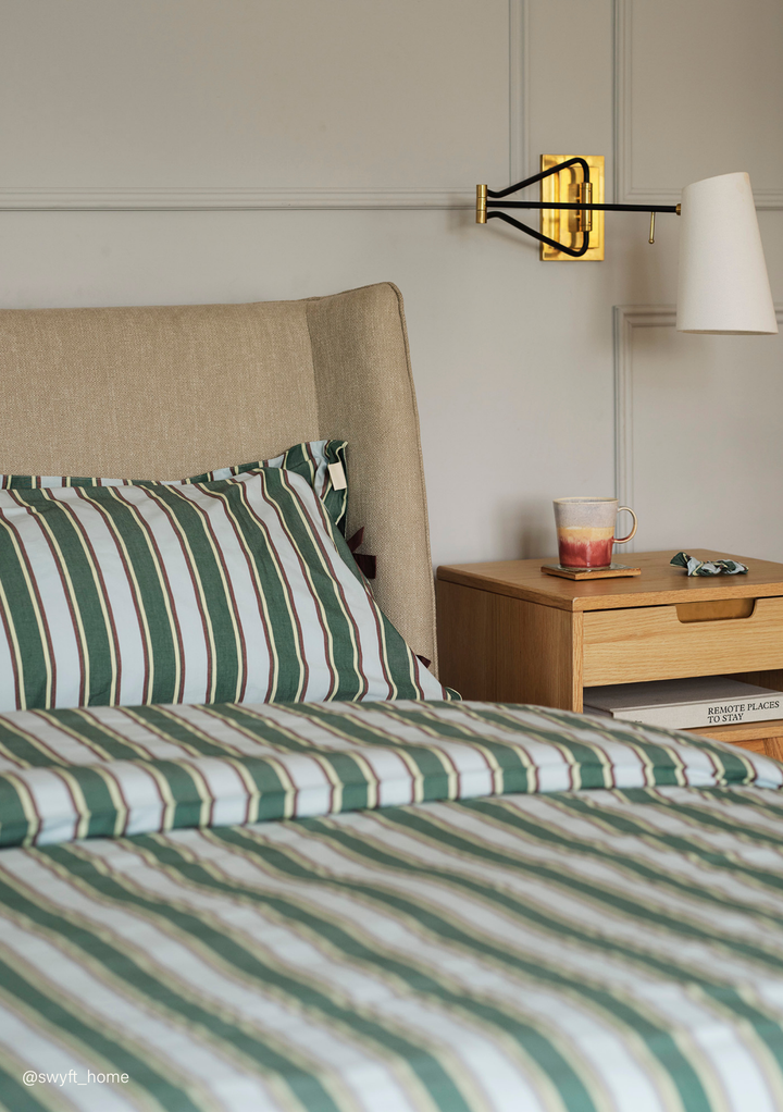 Cotton Duvet Cover & Pillowcases Set in Blue Stripe by TBCo featuring soft stripes in blue and white tones on cotton fabric