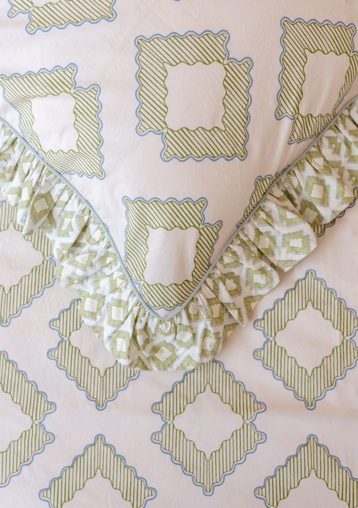 TBCo Cotton Duvet Cover & Pillowcases Set in Green Diamond with ruffled trim and intricate diamond pattern on soft cotton fabric