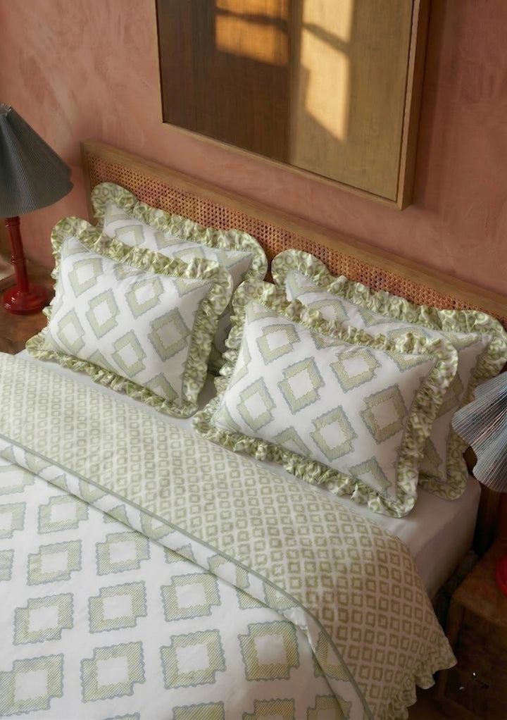 TBCo Cotton Duvet Cover & Pillowcases Set in Green Diamond with ruffled edges and subtle geometric pattern on soft fabric