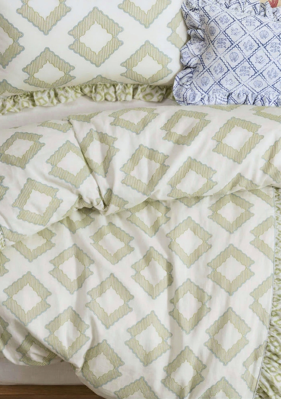 TBCo Cotton Duvet Cover & Pillowcases Set in Green Diamond with soft ruffles and delicate diamond pattern on cotton fabric