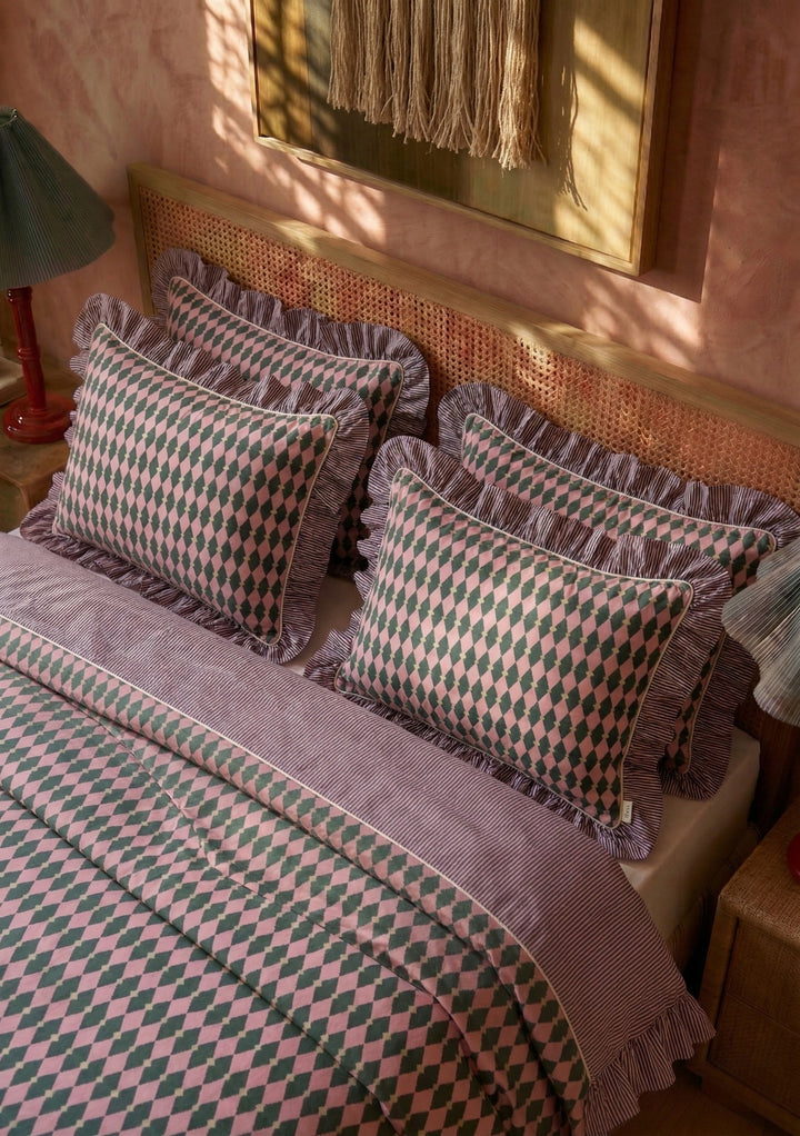 TBCo Cotton Duvet Cover & Pillowcases Set in Pink Harlequin with soft ruffles and a classic diamond pattern on cosy cotton fabric