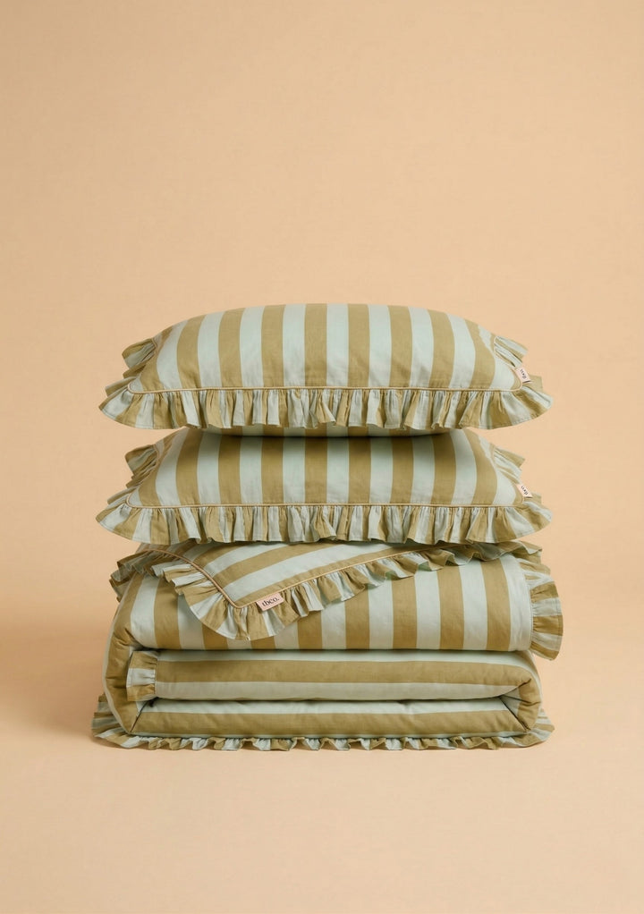 TBCo Pair of Cotton Pillowcases in Mint Stripe featuring soft ruffles and classic wide stripes on cotton fabric