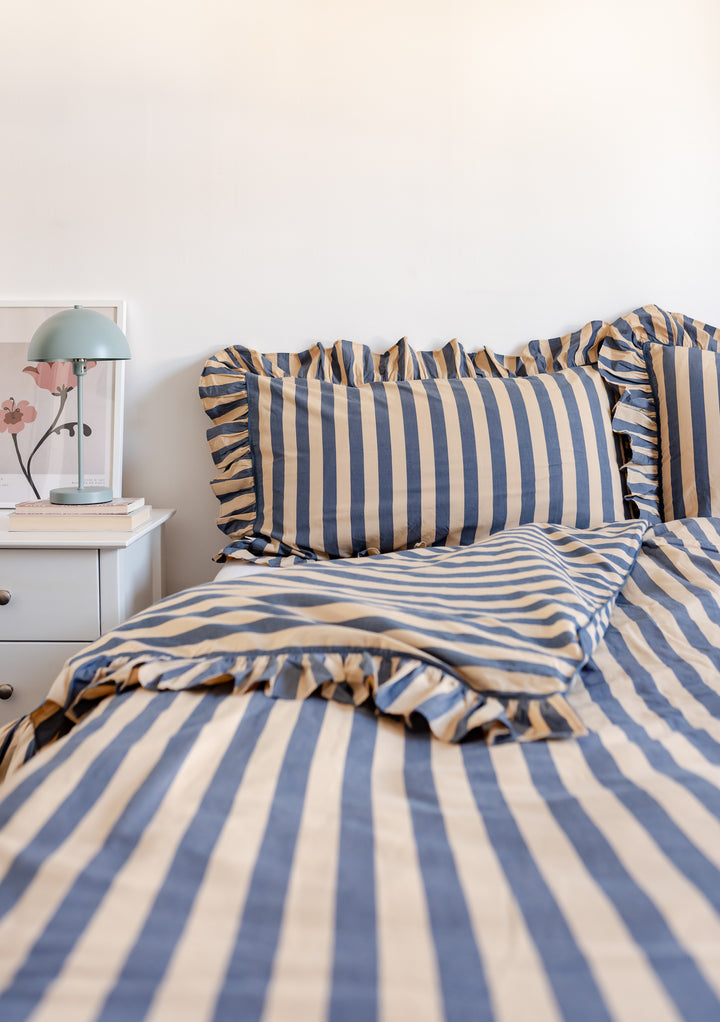 Housse de couette en coton à rayures bleu marine