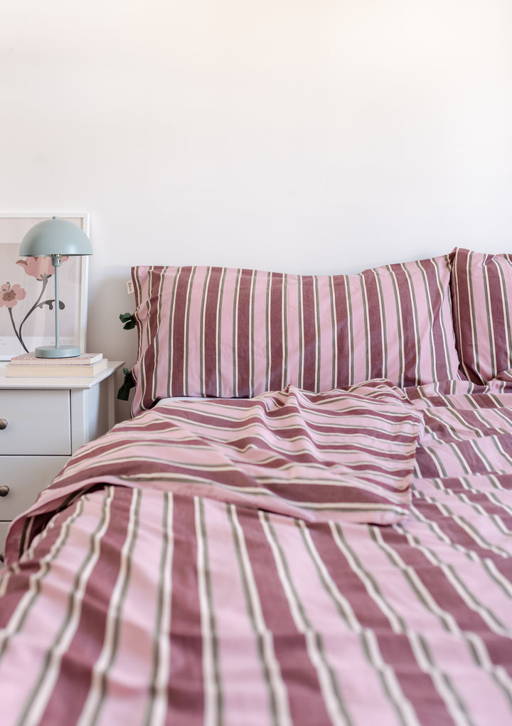 Housse de couette en coton à rayures roses