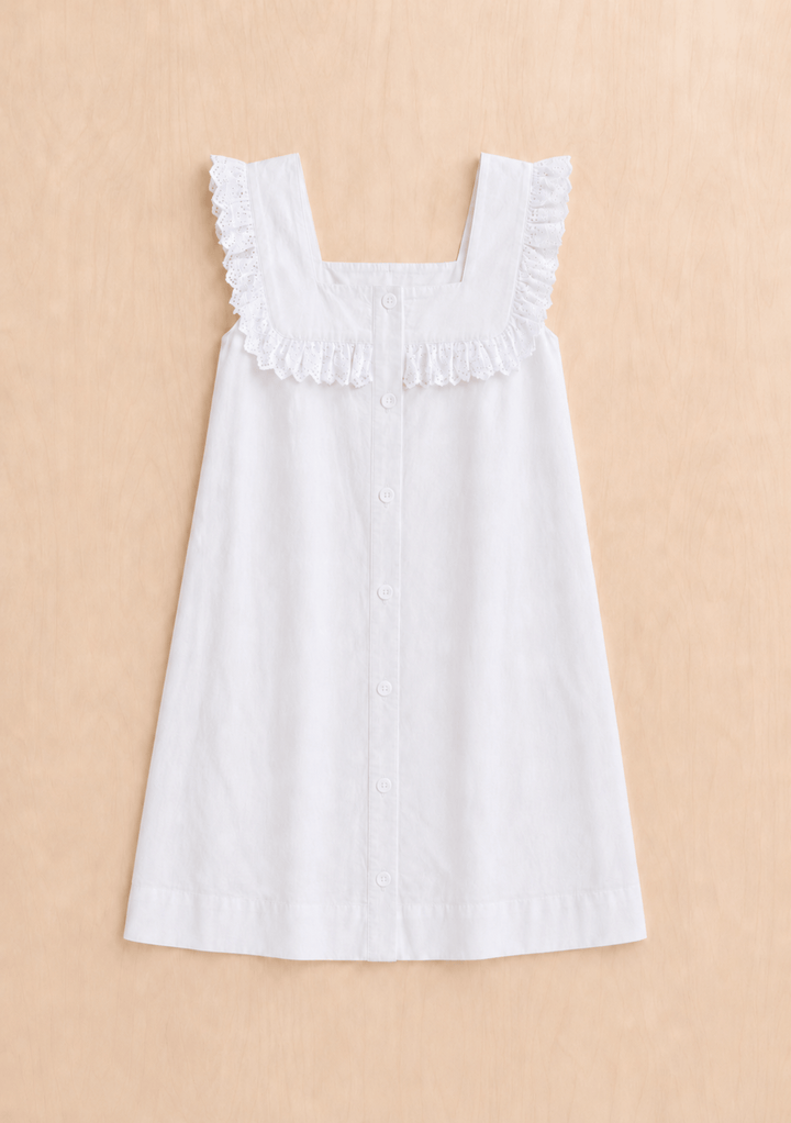 TBCo Cotton Broderie Sleeveless Dress in White with delicate lace trim, natural and recycled fibres, Certified B-Corp, women-founded, designed to make an impact