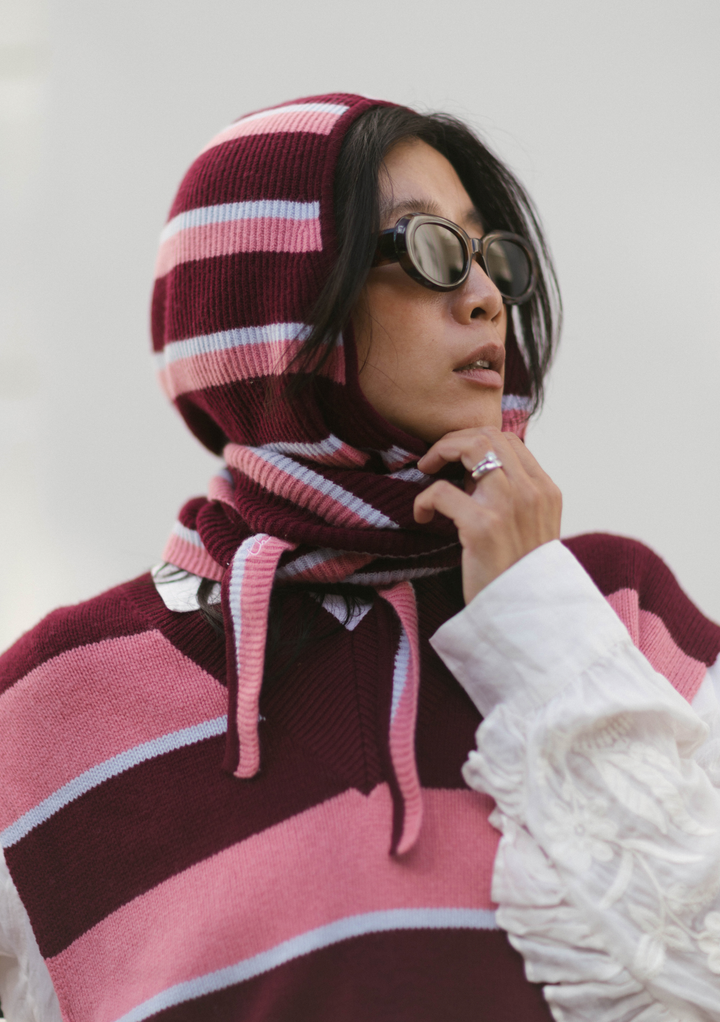 TBCo x Liu Merino Wool Hood in Burgundy Stripe