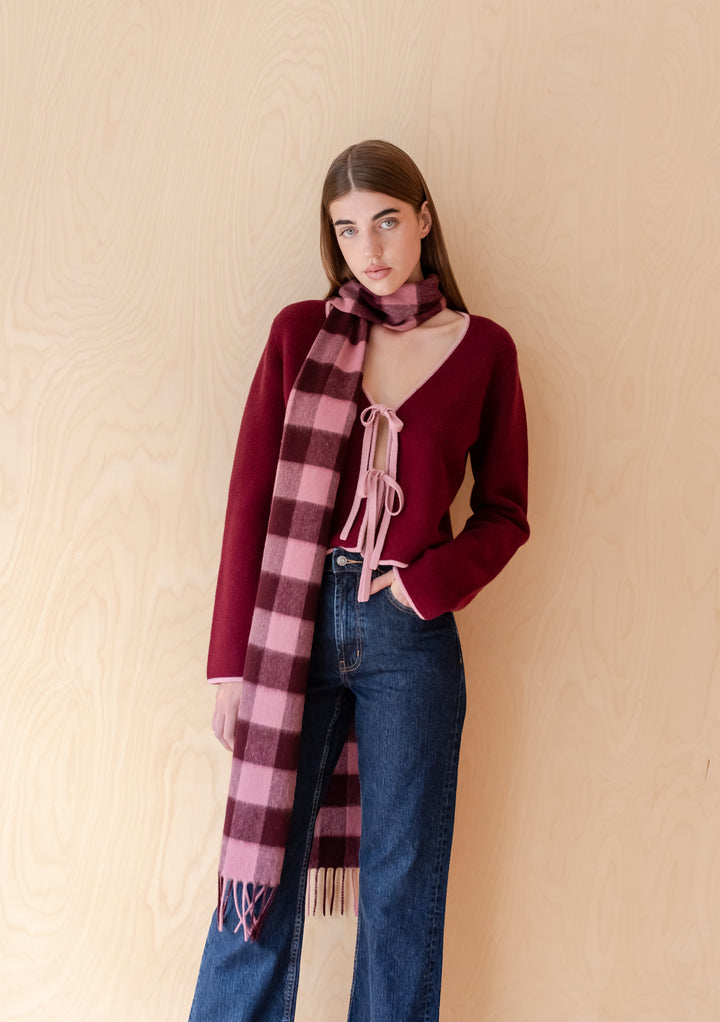 Lambswool Skinny Scarf in Berry Gingham