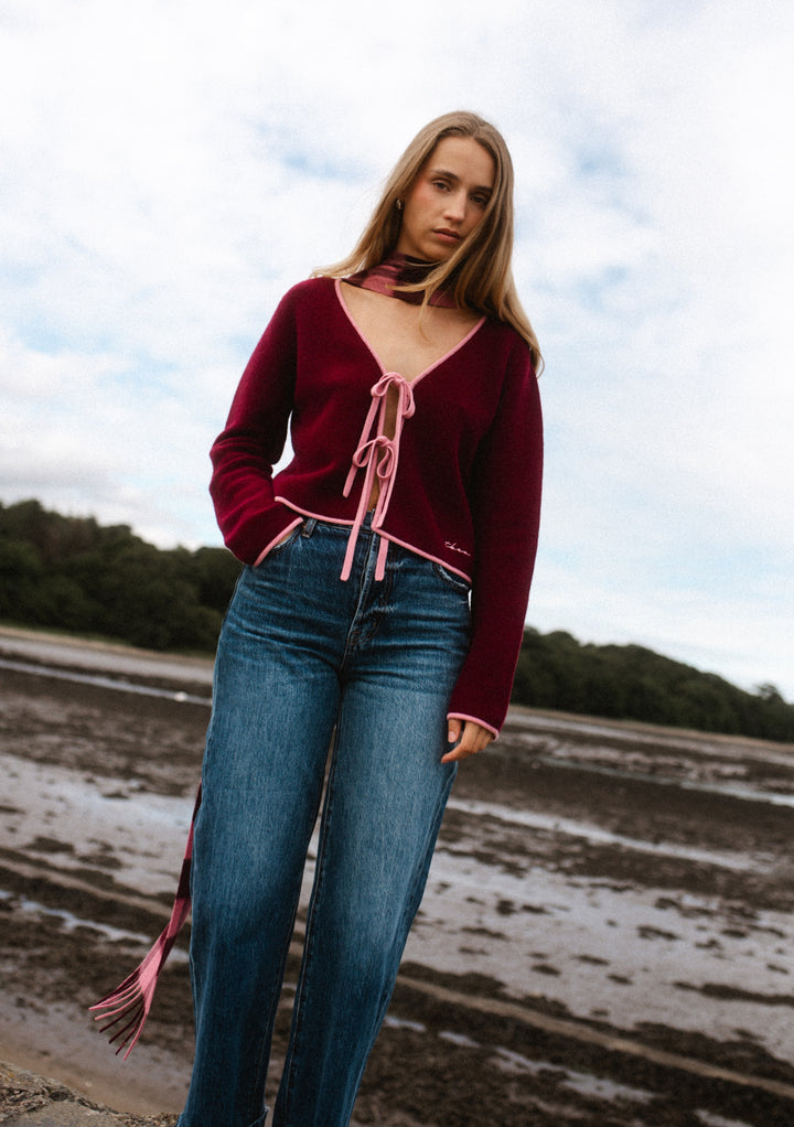 Lambswool Skinny Scarf in Berry Gingham
