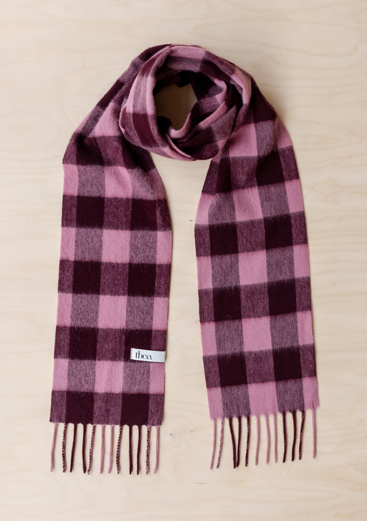 Lambswool Skinny Scarf in Berry Gingham