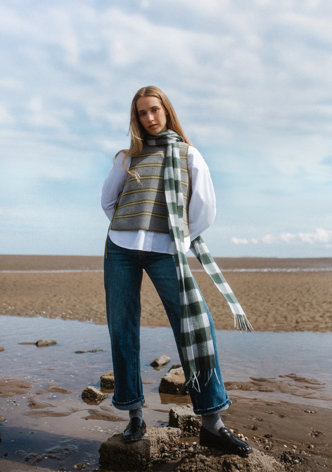 Lambswool Skinny Scarf in Forest Gingham