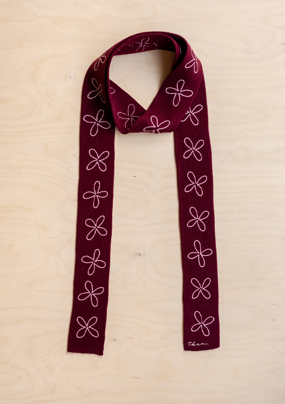 Merino Wool Skinny Scarf in Burgundy Flora