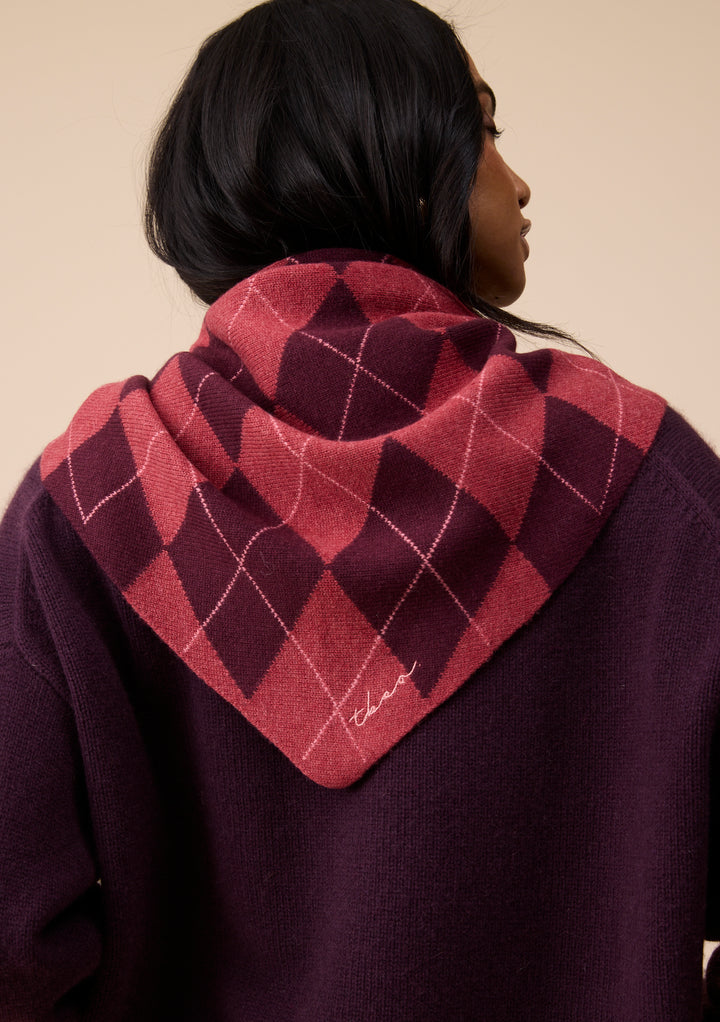 Large Merino Wool Triangle Scarf in Berry Argyle