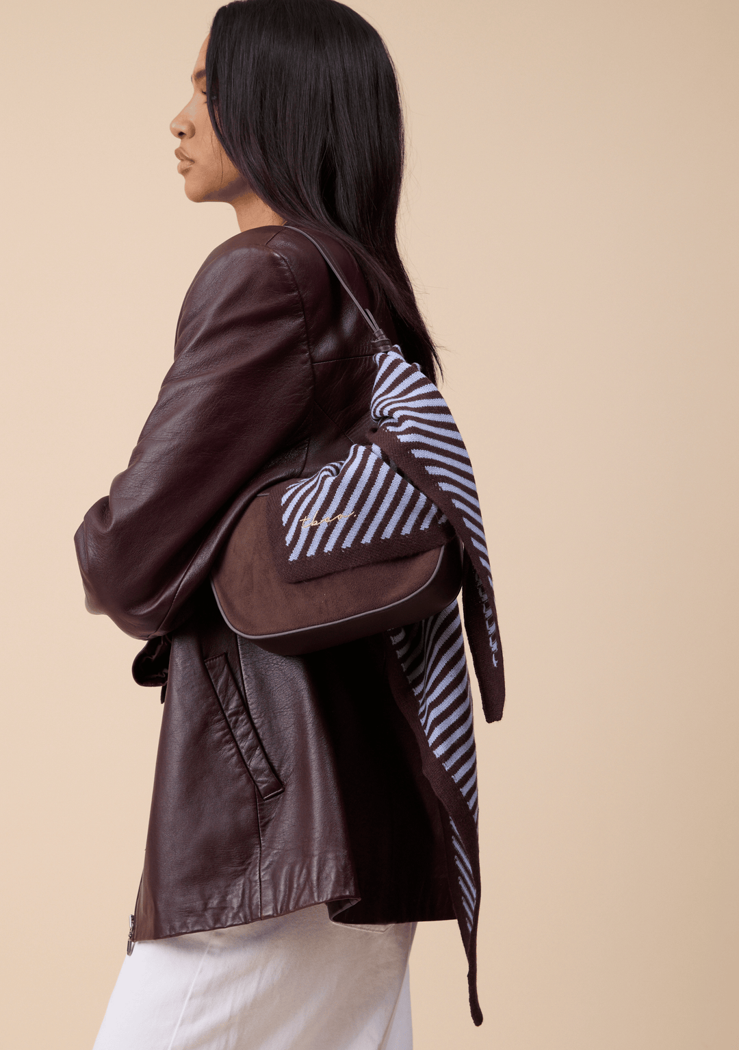 Merino Wool Triangle Scarf in Blue & Brown Stripe
