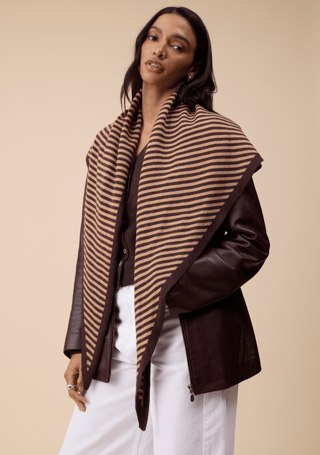 Large Merino Wool Triangle Scarf in Camel & Brown Stripe