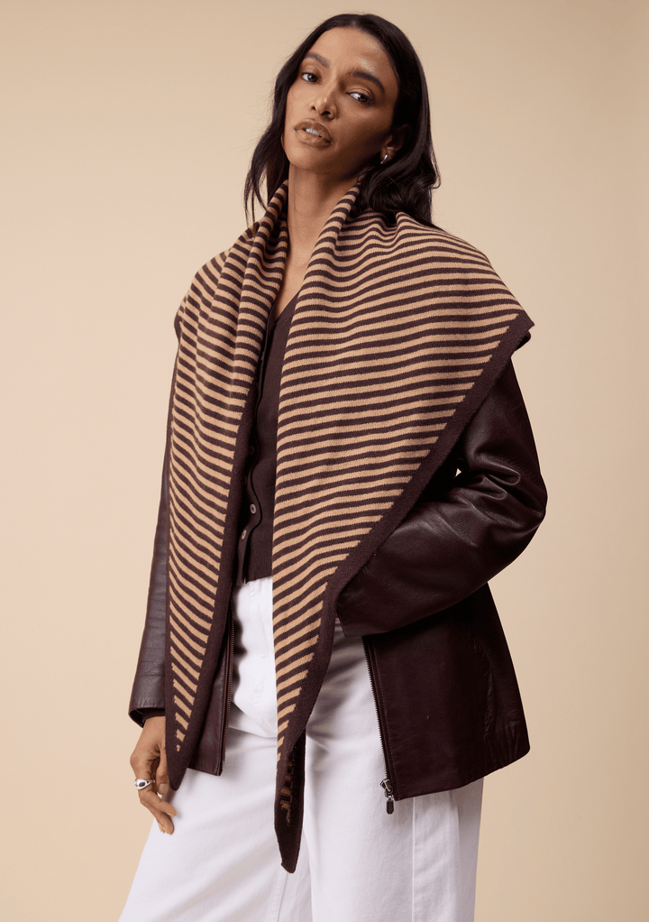 Large Merino Wool Triangle Scarf in Camel & Brown Stripe