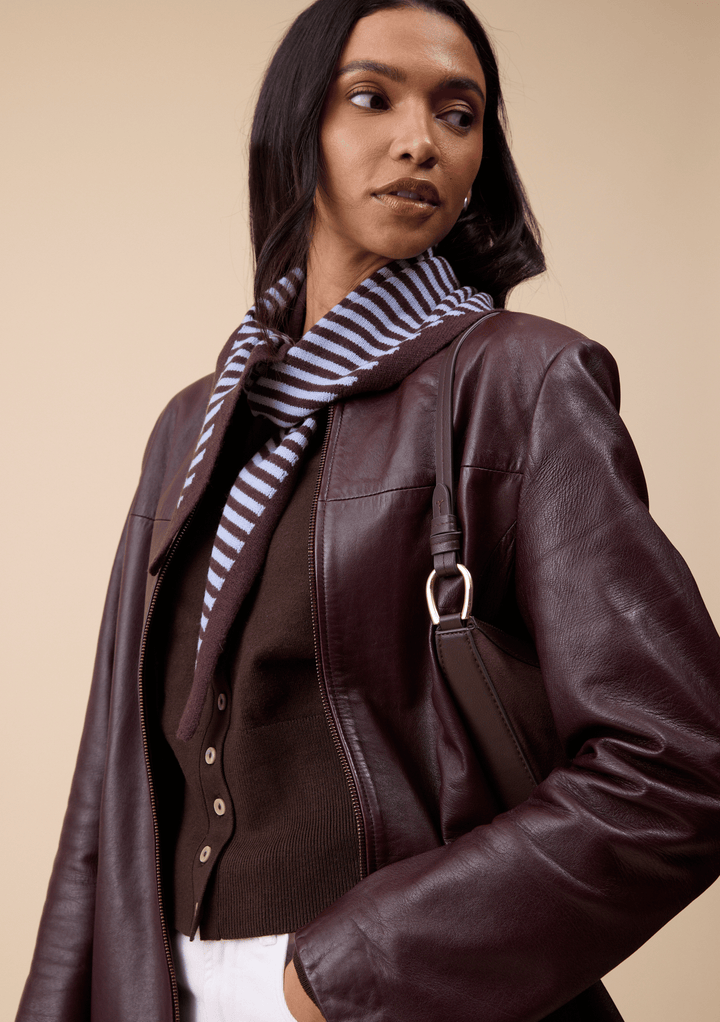 Merino Wool Triangle Scarf in Blue & Brown Stripe
