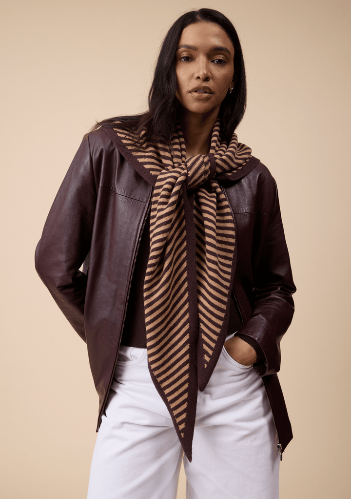Large Merino Wool Triangle Scarf in Camel & Brown Stripe