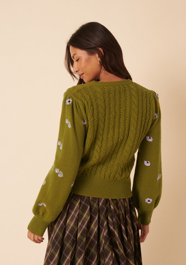 NC x TBCo Cardigan en laine torsadée à fleurs vertes