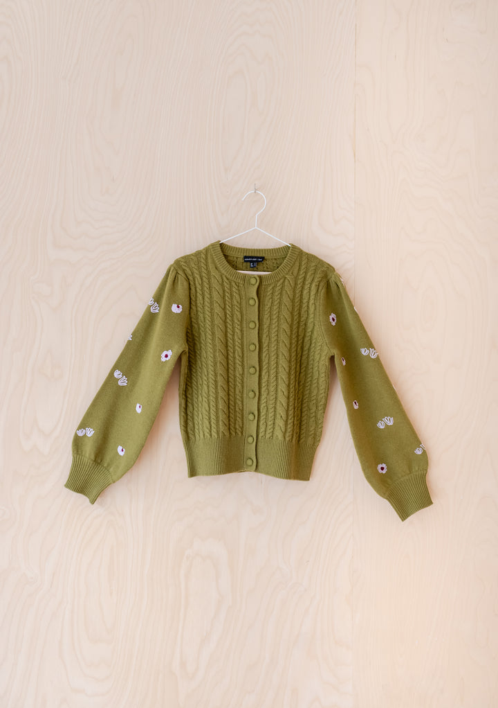 NC x TBCo Cardigan en laine torsadée à fleurs vertes