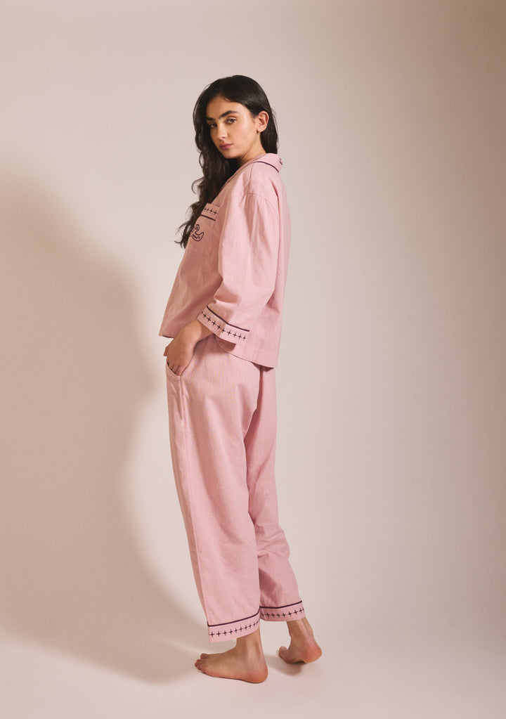 Model wearing TBCo Cropped Cotton & Linen Pyjamas in Pink with blackberry embroidery, gallery position 3, portrait 1442x2048