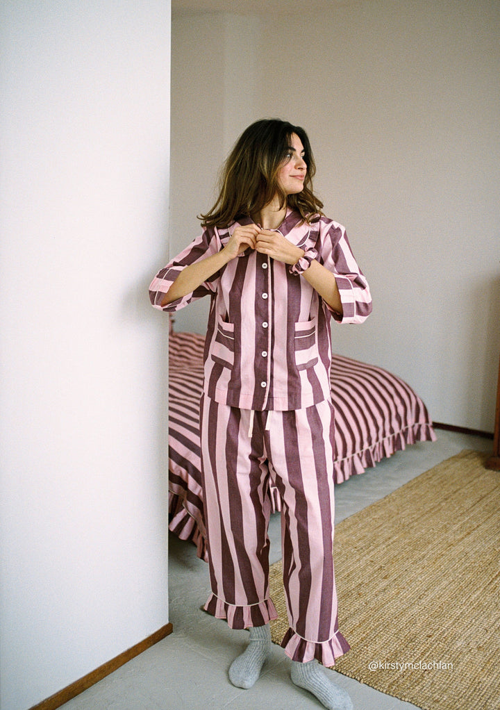 Cropped Cotton Pyjamas in Pink & Burgundy Stripe