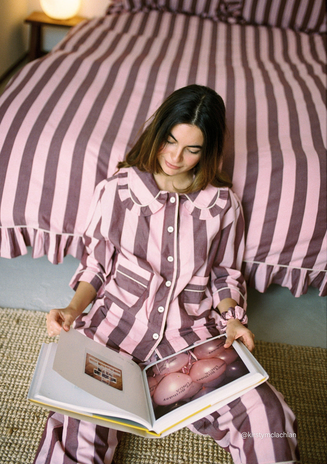 Cropped Cotton Pyjamas in Pink & Burgundy Stripe