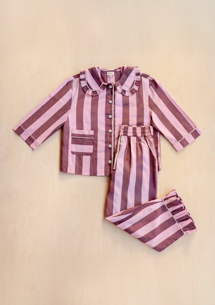 Cropped Cotton Pyjamas in Pink & Burgundy Stripe